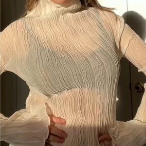 Cream long sleeve sheer pleated top